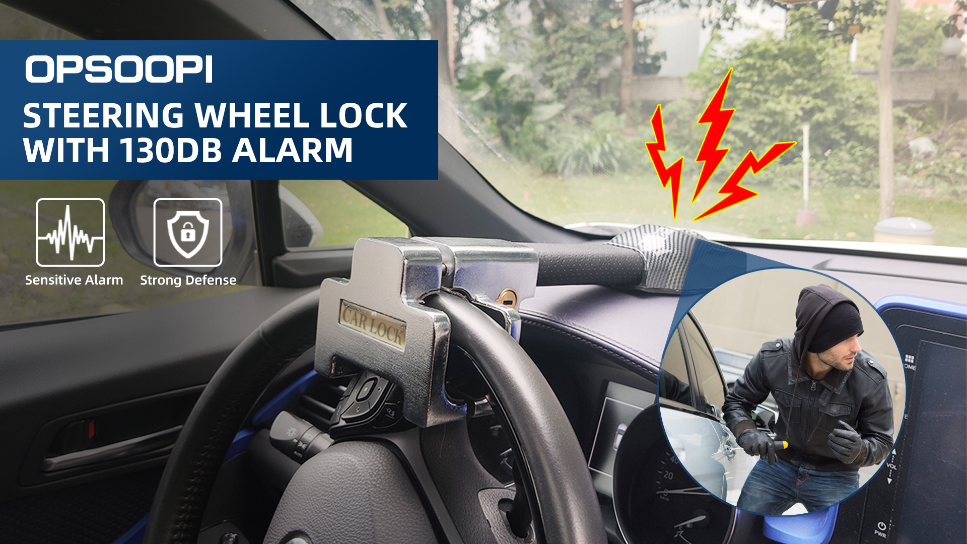 OPSOOPI Steering Wheel Lock with 130db Alarm, Universal Car